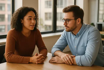 Twee collega's voeren een open gesprek aan een tafel, beter communiceren op het werk in de praktijk