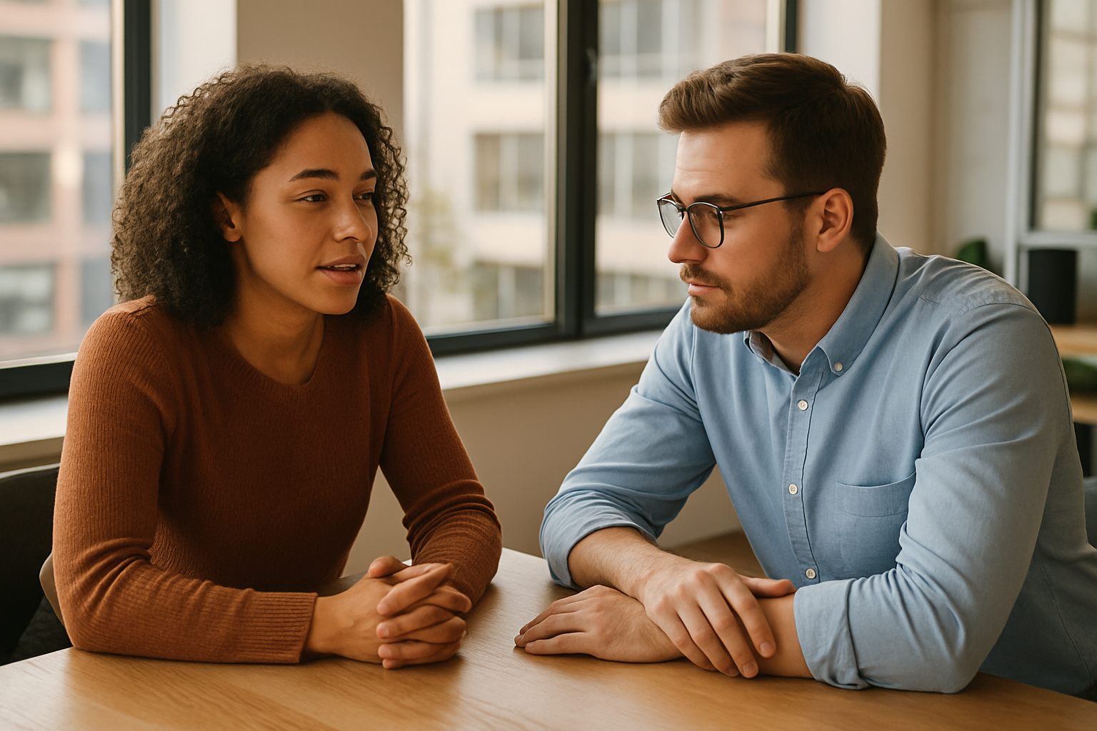 Twee collega's voeren een open gesprek aan een tafel, beter communiceren op het werk in de praktijk