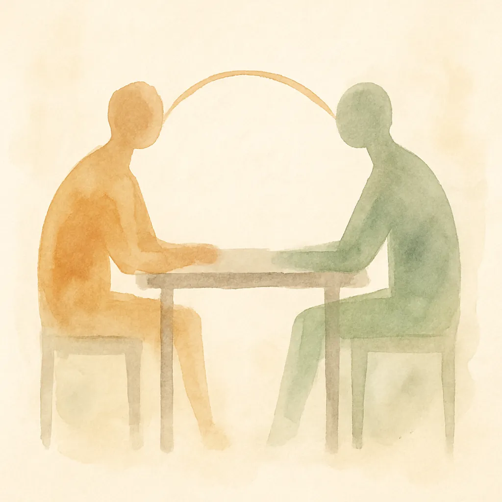 Collega's aan een tafel waar een meningsverschil rustig besproken wordt, conflicten oplossen op het werk