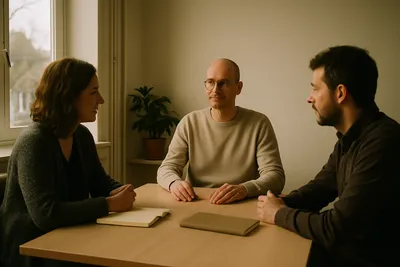 Twee collega's in gesprek met een derde persoon die bemiddelt, beeld over conflictbemiddeling op het werk