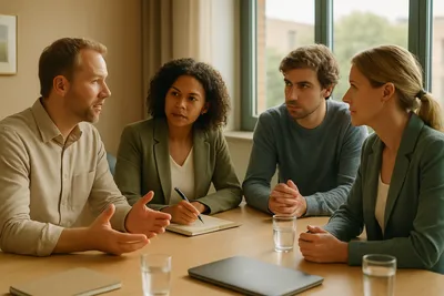 Team in overleg rond een tafel waar een meningsverschil rustig besproken wordt, beeld over conflicthantering op het werk