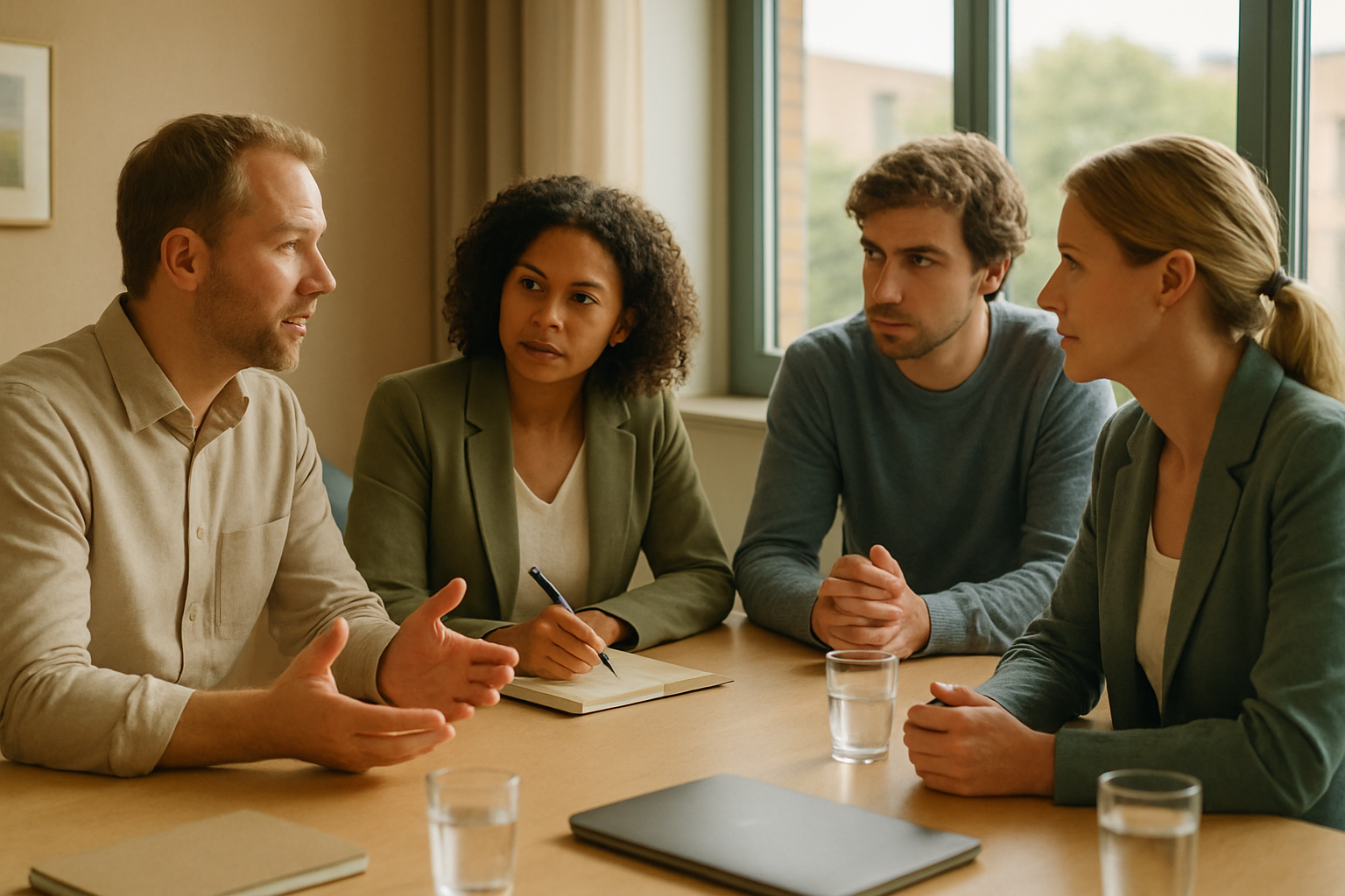 Team in overleg rond een tafel waar een meningsverschil rustig besproken wordt, beeld over conflicthantering op het werk