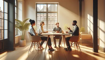 Drie collega's in een open kantoor in Brugge bespreken een meningsverschil aan een tafel met laptop en notities, beeld over constructief conflict