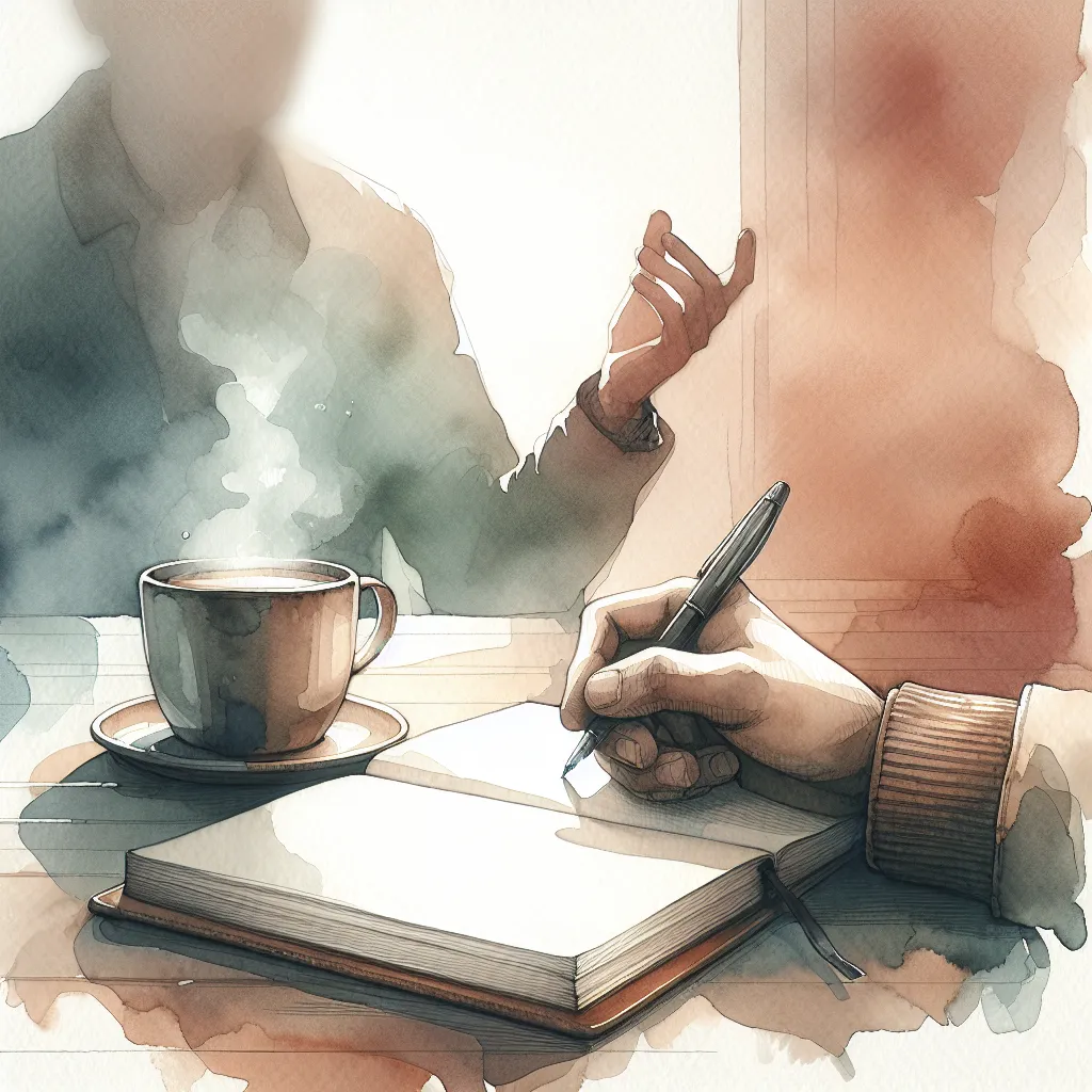 Iemand neemt notities tijdens een gesprek met een collega in een rustige werkruimte, een illustratie van bewust luisteren op het werk