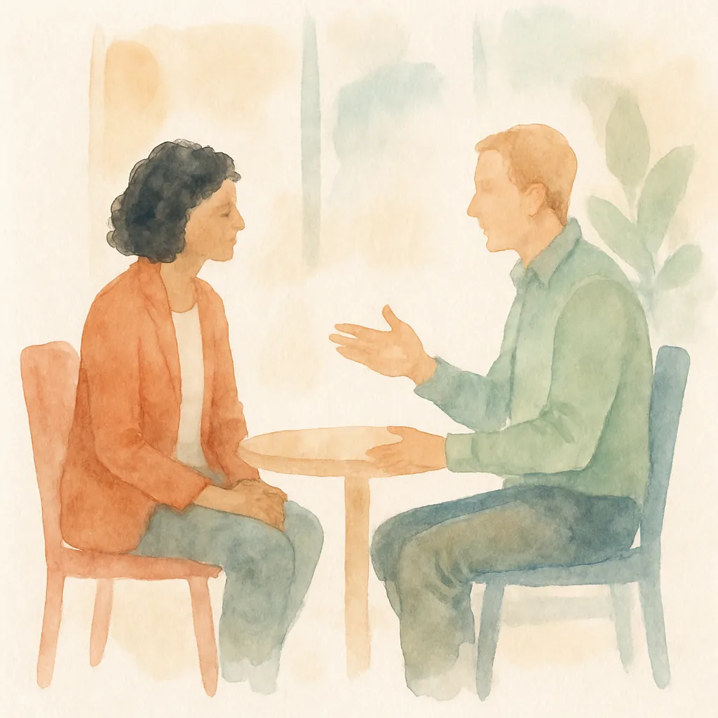 Twee collega's die een meningsverschil op het werk direct en rustig bespreken