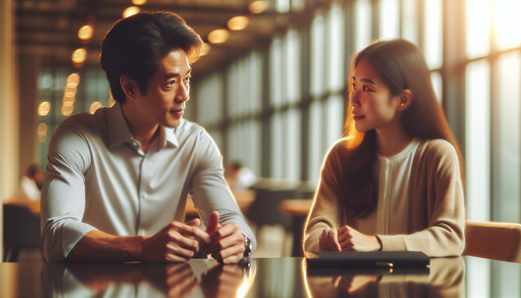 Twee collega's in een open en verbindend gesprek op het werk over conflicthantering