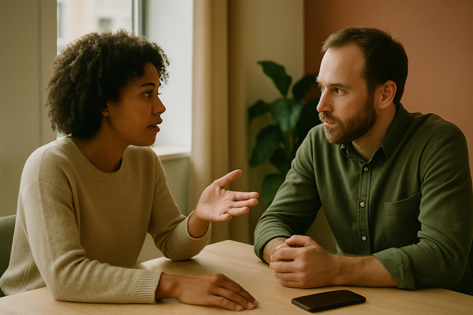 Twee collega's in gesprek aan een tafel, aandachtig omgaan met meningsverschillen door naar elkaar te luisteren