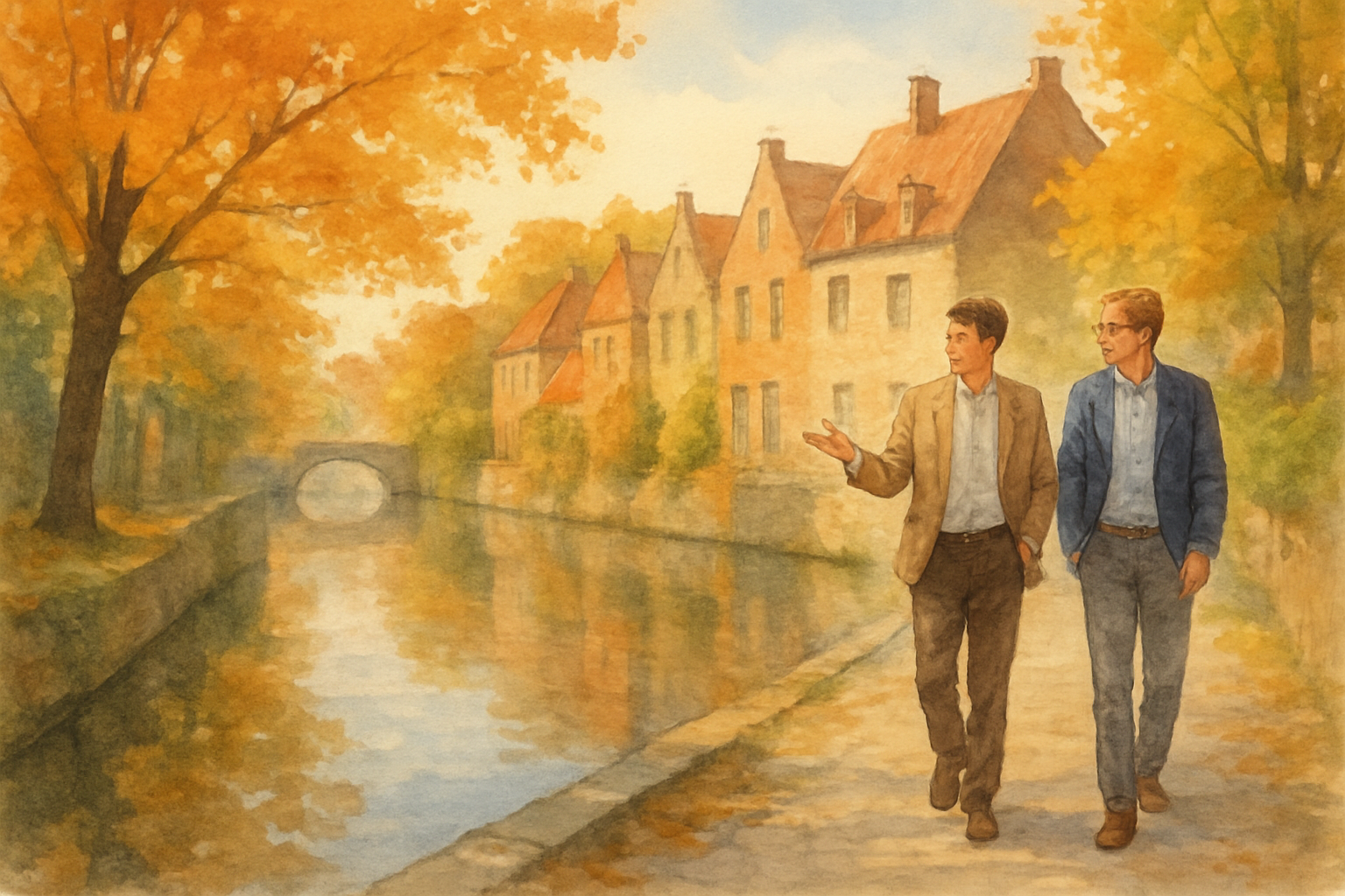 Twee collega's wandelen samen langs een Brugse rei tijdens de middagpauze, persoonlijke ontwikkeling door terug te keren naar de basis
