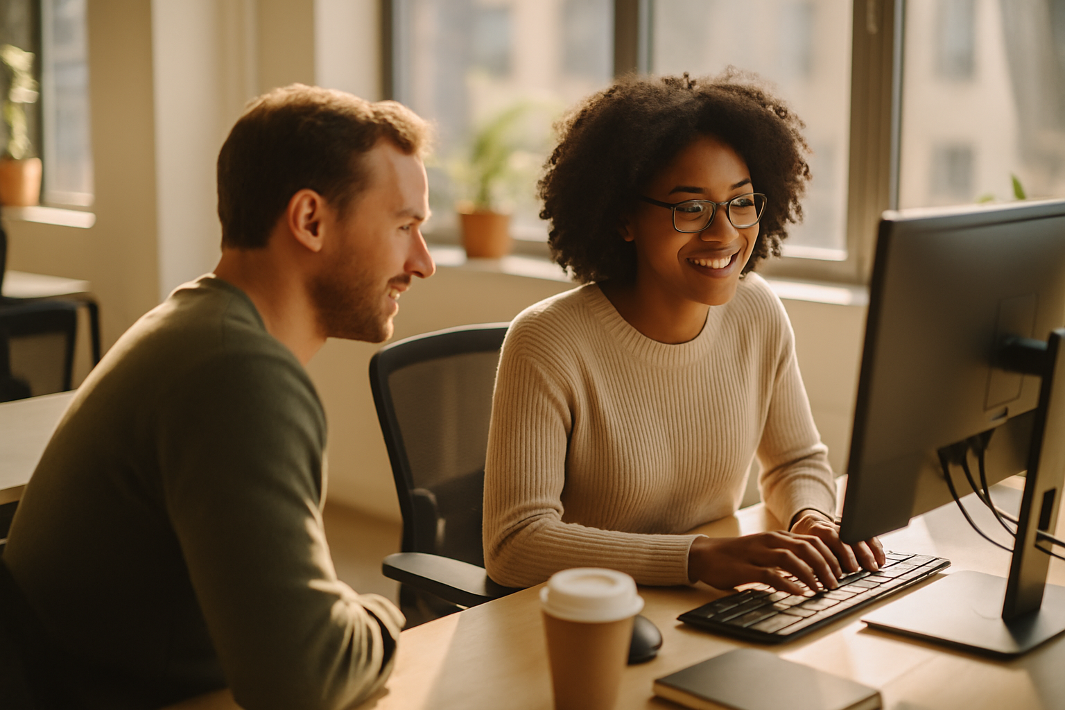 Twee collega's die elkaar even helpen aan een bureau, een klein moment dat teamdynamiek verbetert