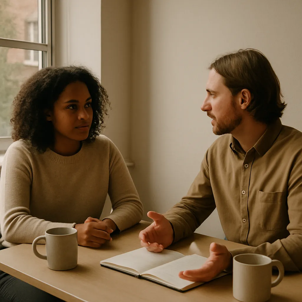 Twee collega's in gesprek aan een tafel bij het raam, een gesprek over motivatie en zelfdeterminatie op het werk