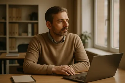 Medewerker aan haar bureau kijkt weg van haar scherm, vastgeroest op het werk ondanks goede resultaten