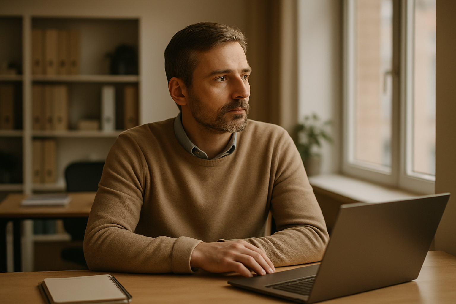 Medewerker aan haar bureau kijkt weg van haar scherm, vastgeroest op het werk ondanks goede resultaten