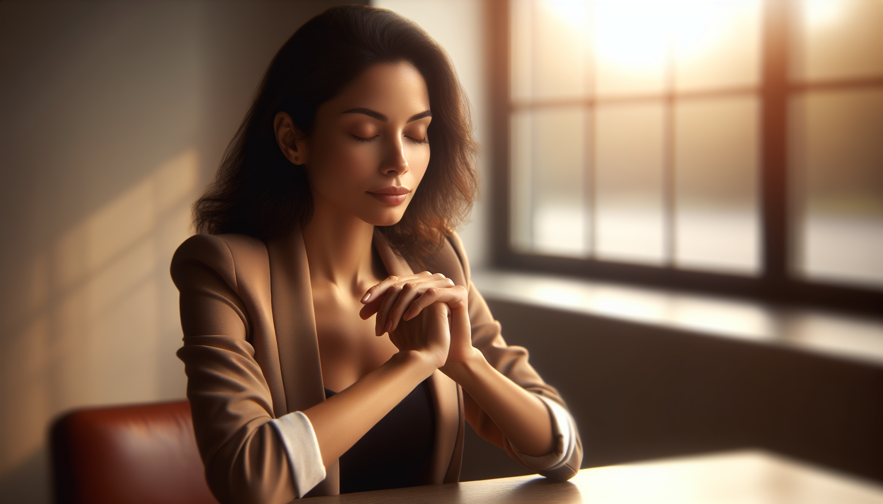 Iemand die bewust ademhaalt voor een moeilijk gesprek, als basis voor verbindende communicatie