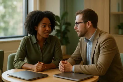 Twee collega's in gesprek aan tafel, verbindende communicatie in plaats van chatten