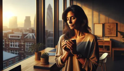 Leidinggevende even bij het raam, koffie in de hand, mindfulness op de werkvloer